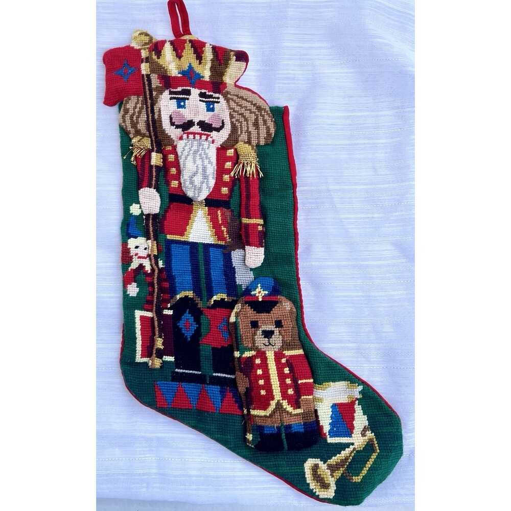 Vintage 1980s  3D Nutcracker Needlepoint Christmas Stocking 21” Velvet Handmade